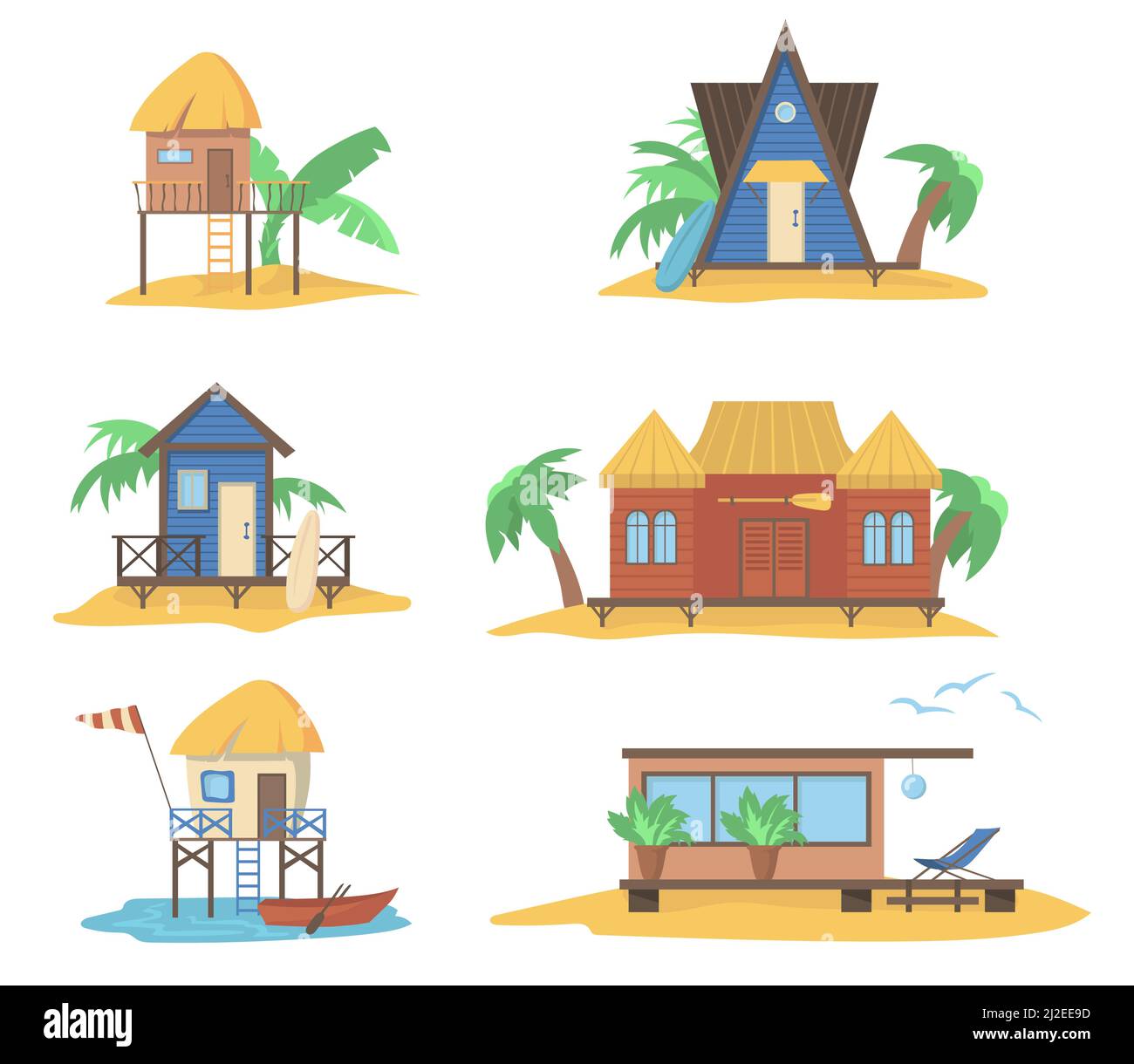 Sommerhäuser am Meer eingestellt. Holzbungalows auf Pfählen, Strandhütten mit Strohplatten mit Palmen und Surfbrettern. Vektorgrafiken für Sommerferien, c Stock Vektor