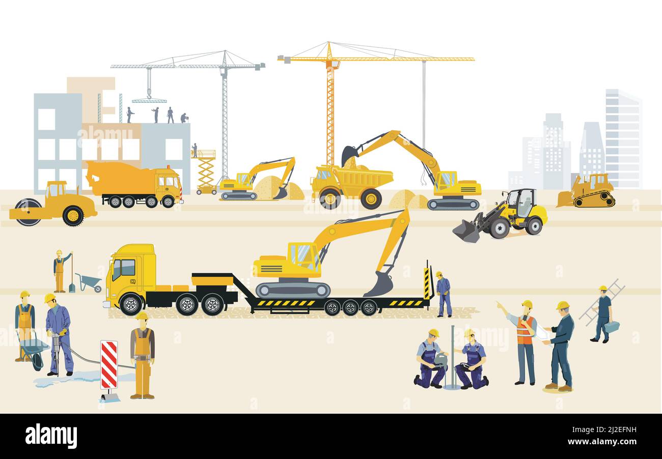 Baustelle mit Baggern, Baumaschinen und schweren Lastkraftwagen, Abbildung Stock Vektor