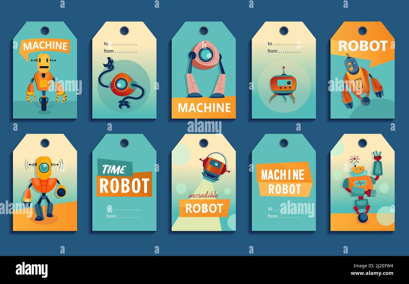 Tags Cartoon set Roboter. Maschinen, Cyborgs, elektronische Assistenten Vektor-Illustrationen mit Text. Robotik und Maschinenclub Konzept für Etiketten und p Stock Vektor