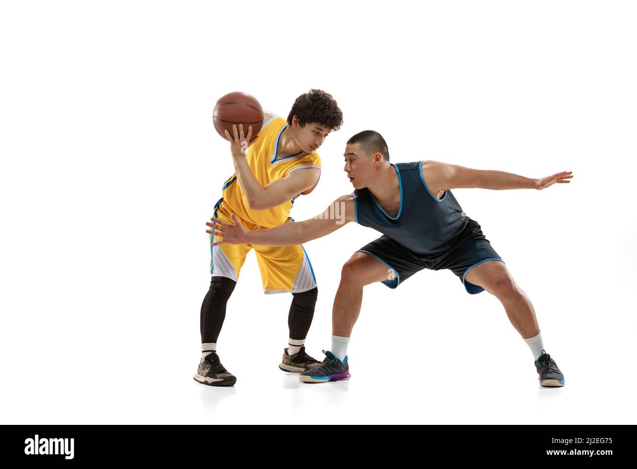 Dynamisches Porträt von zwei jungen Basketballspielern, die isoliert auf weißem Studiohintergrund Basketball spielen. Bewegung, Aktivität, Sportkonzepte. Stockfoto