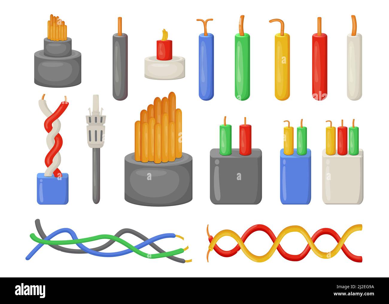 Cartoon elektrische Kabel flache Vektor-Illustrationen-Set. Sammlung von verschiedenen elektrischen Industriedrähten isoliert auf weißem Hintergrund. Strom, Stock Vektor