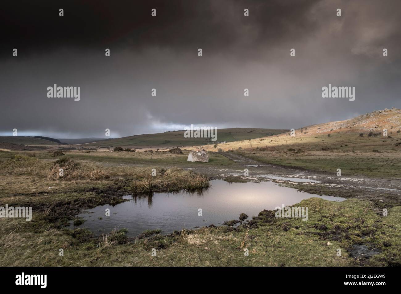 Schwere Squalls nähern sich über einen unwegigen Wanderweg am Craddock Moor am Bodmin Moor in Cornwall. Stockfoto