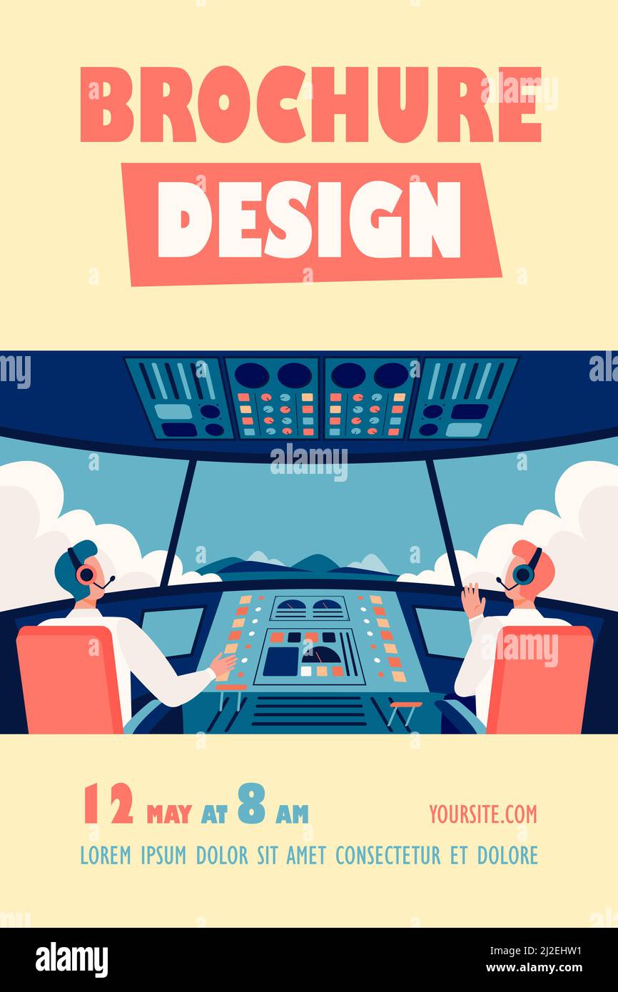 Bunte Flugzeug Cockpit isoliert flache Vektor-Illustration. Zwei Cartoon-Piloten sitzen in der Flugzeugkabine vor dem Bedienfeld. Flugbesatzung und Stock Vektor