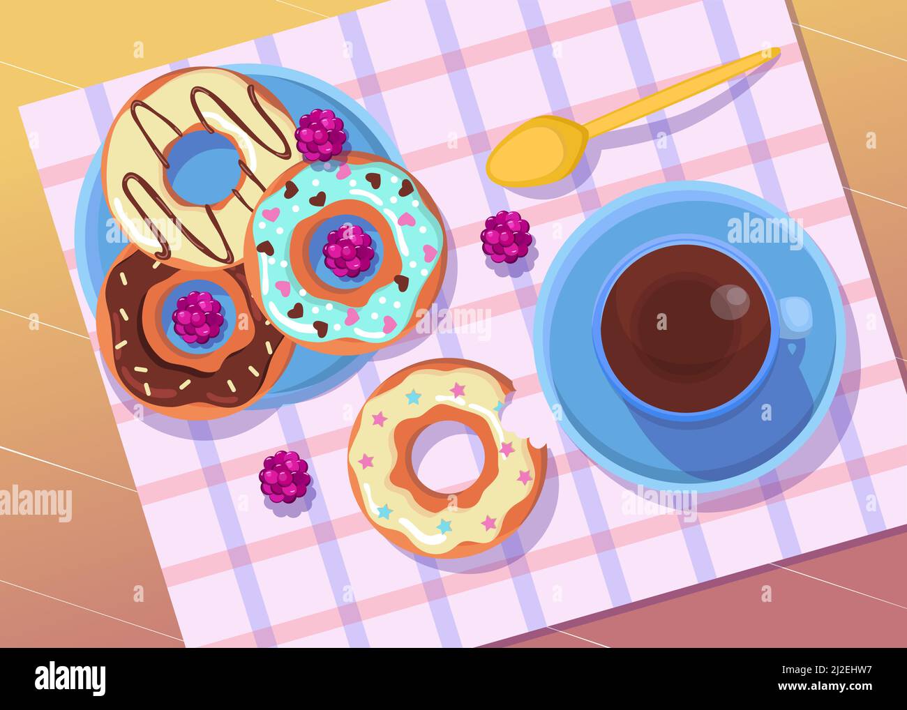 Bunte Donuts auf Teller mit Kaffee oder Tee Illustration. Süße Donuts mit Glasur, Löffel, Tasse auf dem Tisch, Himbeeren. Menügestaltung, Mittagessen, Kaffee bre Stock Vektor