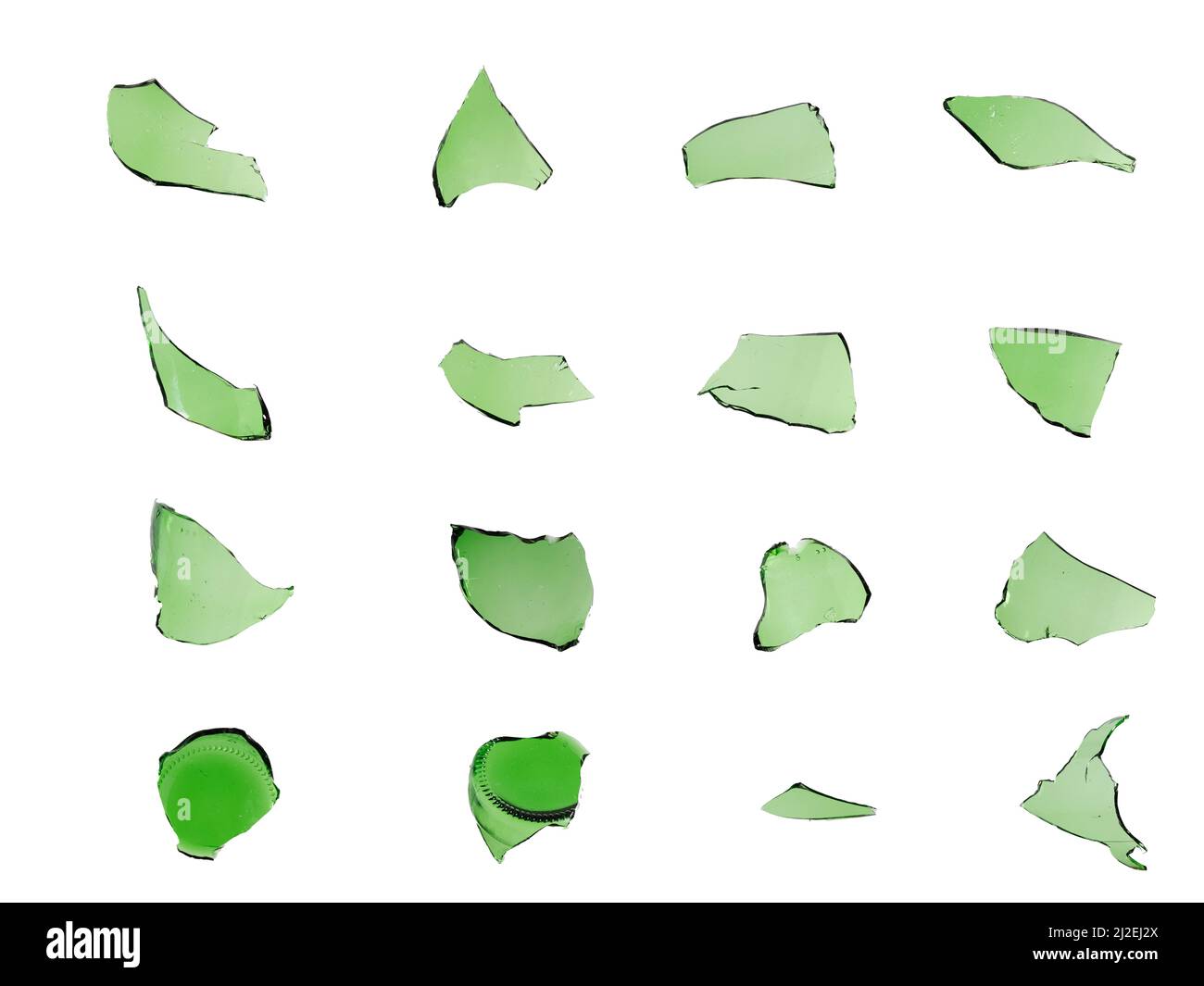 Set aus grünen Glasscherben isoliert auf weißem Hintergrund. Hochwertige Fotos Stockfoto