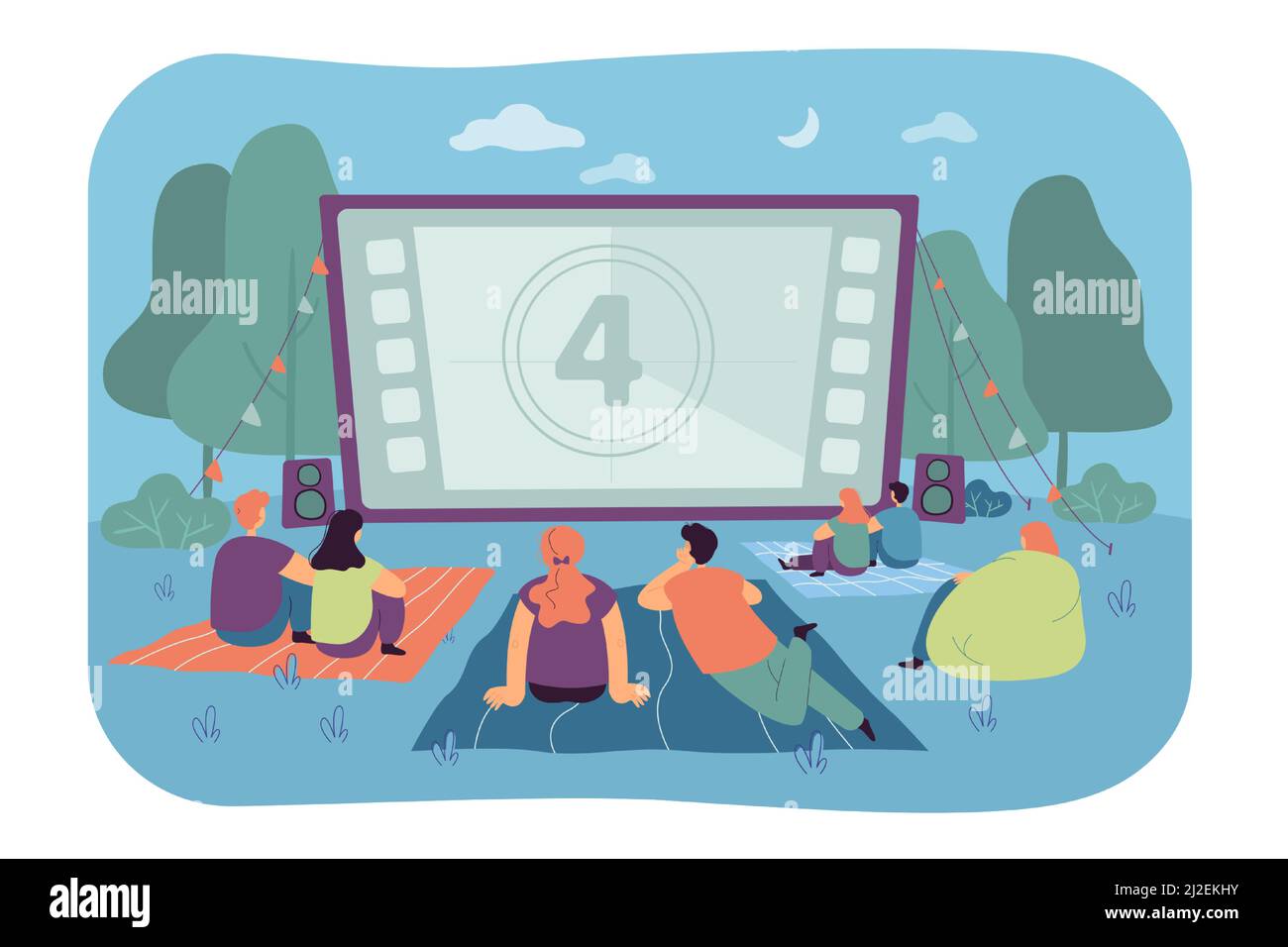 Freunde, die Filme im Freiluftkino ansehen. Großer Bildschirm im Hinterhof. Paare, die einen Abend im Freiluftkino verbringen. Vektorgrafik Stock Vektor