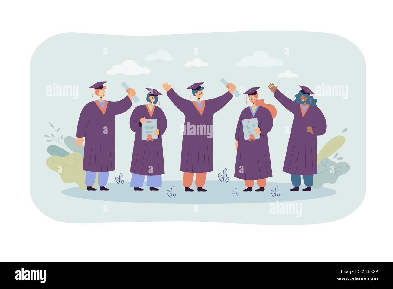 Glücklich graduierte Student stehend und halten Diplome isoliert flache Vektor-Illustration. Lächelnde Männer und Mädchen in akademischen Kleidern und Abschlussfeiern Stock Vektor
