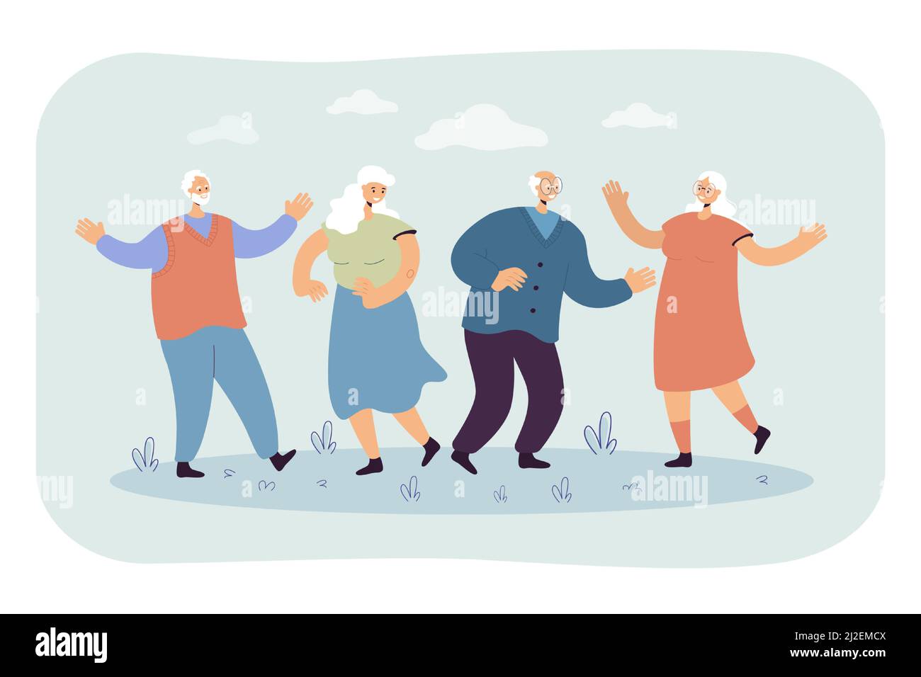 Glückliche ältere Menschen genießen die Party im Freien. Gruppe von reifen Freunden feiern Veranstaltung, Spaß zusammen. Vektor-Illustration für Rentneralter, Hobby Stock Vektor