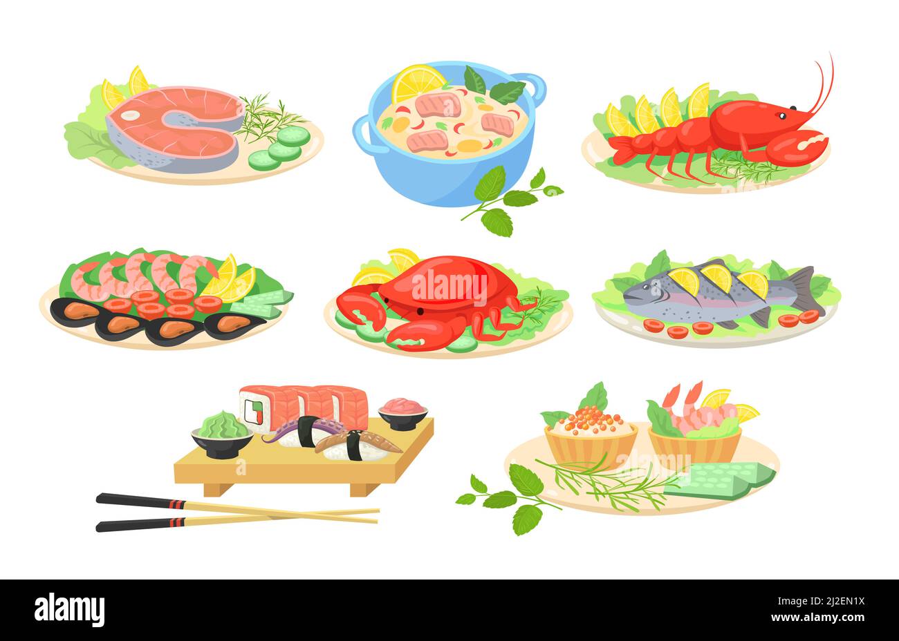 Kreative festliche Meeresfrüchte Gerichte flache Bilder für Web-Design gesetzt. Cartoon-Fische, Garnelen, Lachs, Krabben und Hummer werden auf isolierten vektorkranken Tellern serviert Stock Vektor