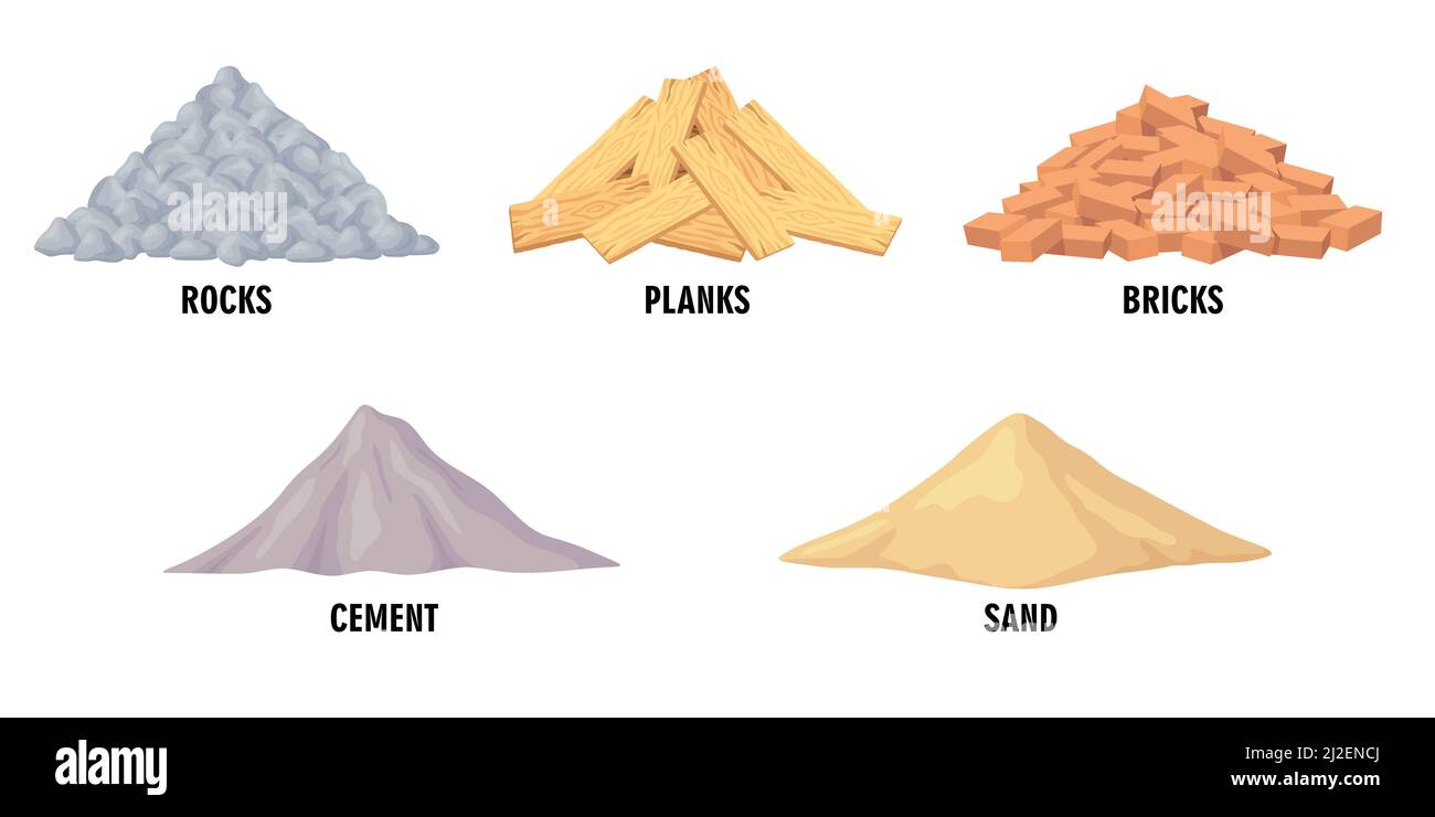 Verschiedene Baumaterialien Vektor-Illustrationen gesetzt. Stapel von Baustoffen, Steinen, Planken, Ziegel, Zement, Sand auf weißem Hintergrund. Erstellen Stock Vektor