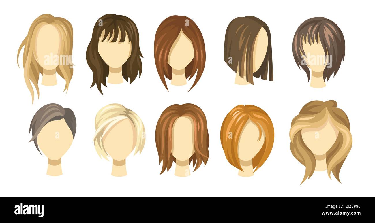 Kollektion für weibliche Frisuren. Blonde, braune und Ingwer-Haarschnitte für Mädchen. Kurze und lange Haarperücken für junge Frauen. Illustrationsset für Stylist, Mode Stock Vektor