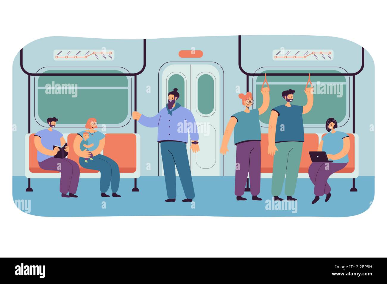 Passagiere in der U-Bahn oder in der Tiefgarage. Flache Vektorgrafik. Zeichentrickfilme, die mit U-Bahn, Bus oder Zug fahren. Öffentliche Verkehrsmittel, Transportati Stock Vektor