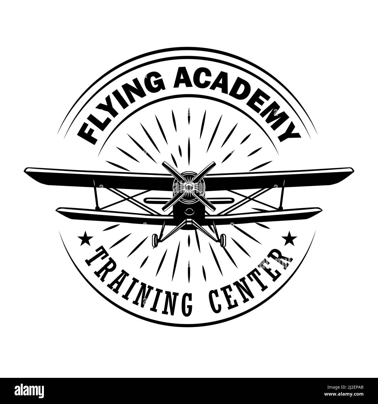 Flying Academy Emblem Design. Monochromes Element mit biplane oder retro Flugzeug Vektor Illustration mit Text. Pilotausbildung Schulkonzept für Label Stock Vektor