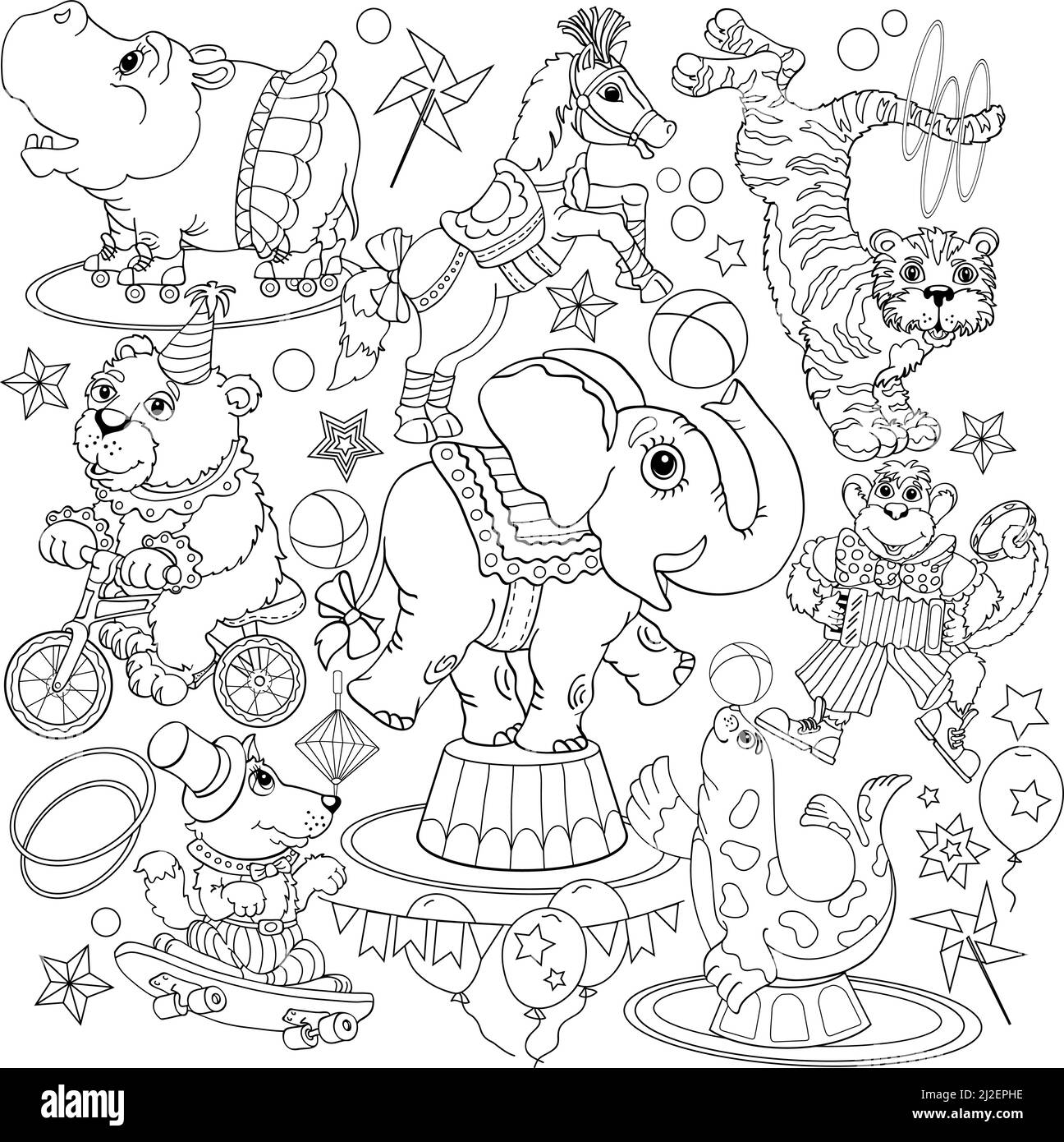 zirkus Muster skizzieren Doodle Anti-Stress, verschiedene Posen und Situationen, Zeichnung, Vektor, Bilder, Cartoon Stock Vektor