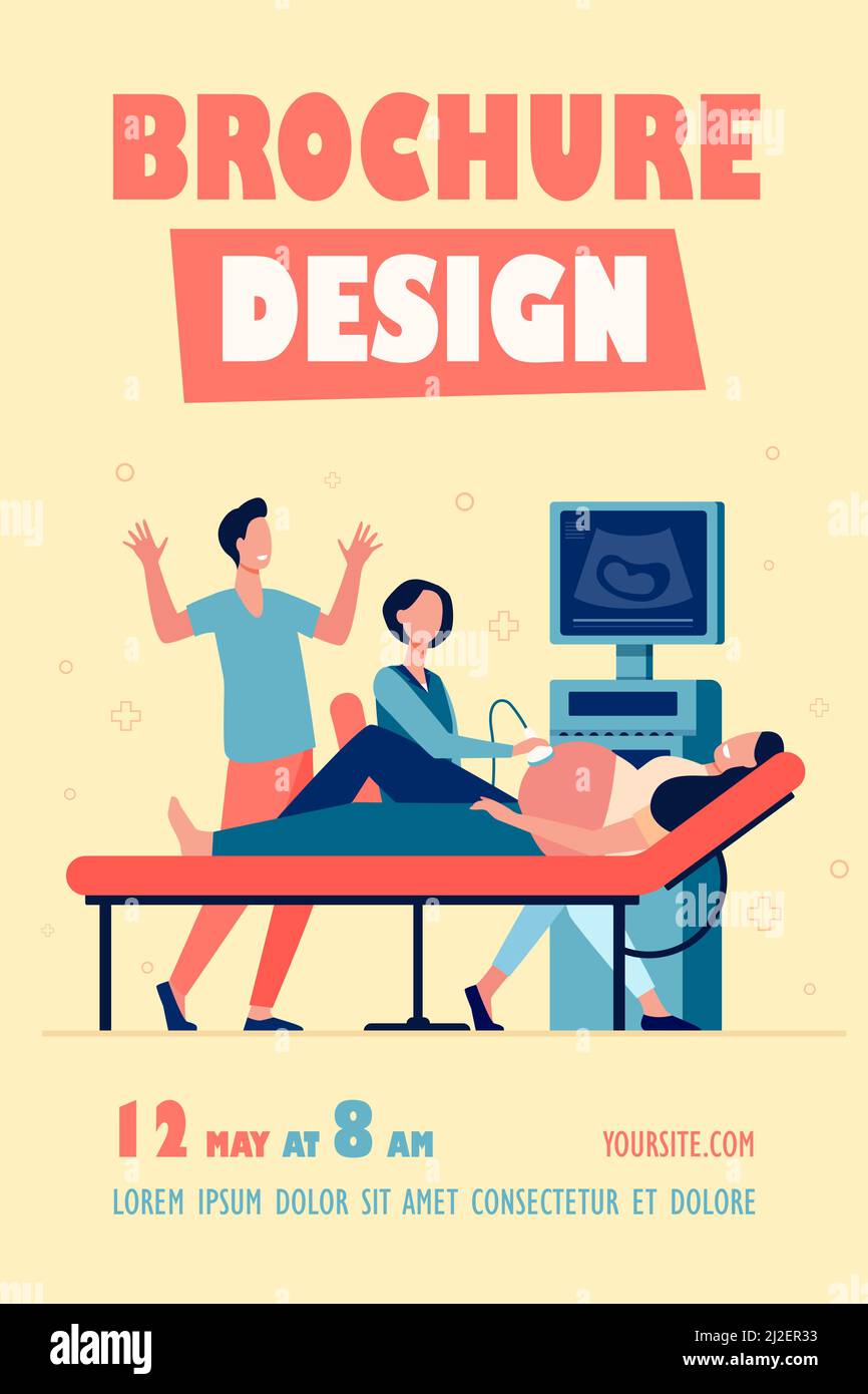 Sonograf Arzt Untersuchung schwangere Frau, Abdomen, mit Ultraschall-Scanner. Vektor-Illustration für Pflege Schwangerschaft, Gynäkologie, medizinische e Stock Vektor