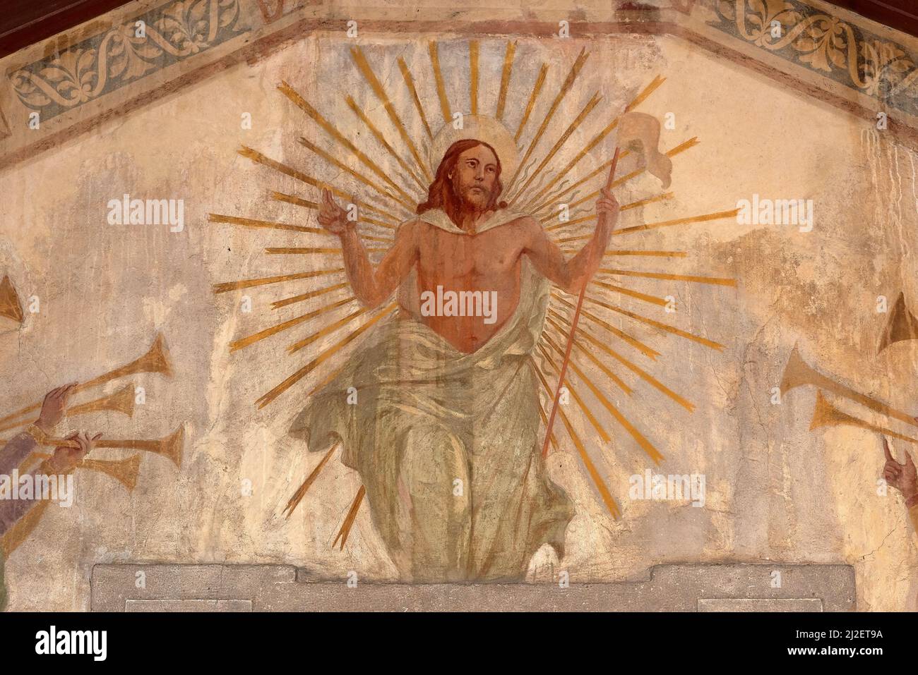 Risen Christ  - fresco  -  Lombard painter of XVII century  -  Verdello (Bg), Italy, church of the Deads of Rovarolo Stockfoto