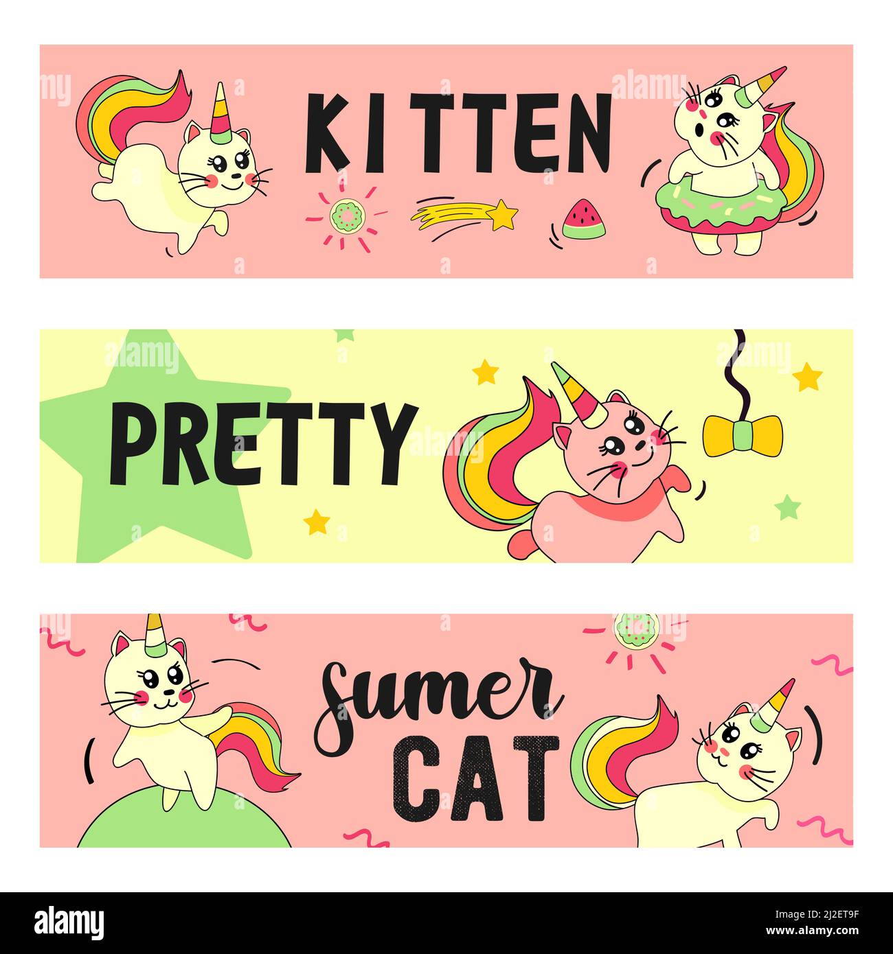 Einhorn Katze Banner Set. Lustige Cartoon Sommer Baby Kätzchen mit Regenbogenhorn und Schwanz Vektor Illustrationen mit Text. Märchenhaft, magisches Tier, imaginar Stock Vektor