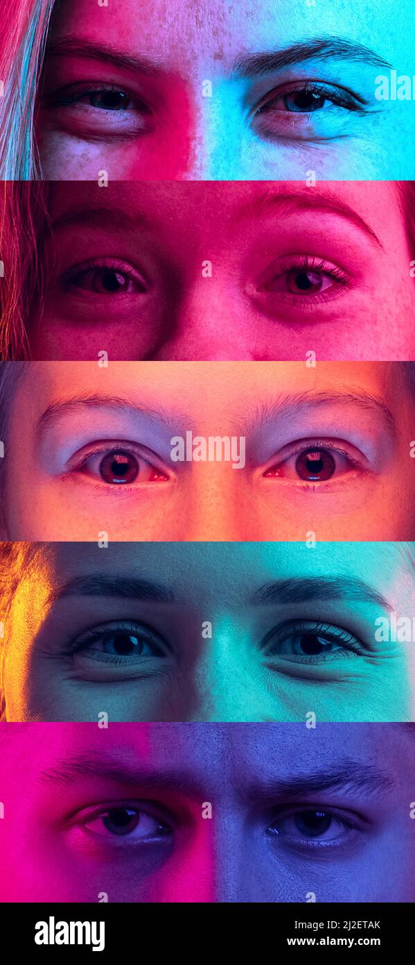 Nahaufnahme. Beschnittene männliche und weibliche Gesichter, Augen auf schmalen Streifen in Neonlichtern platziert. Stockfoto