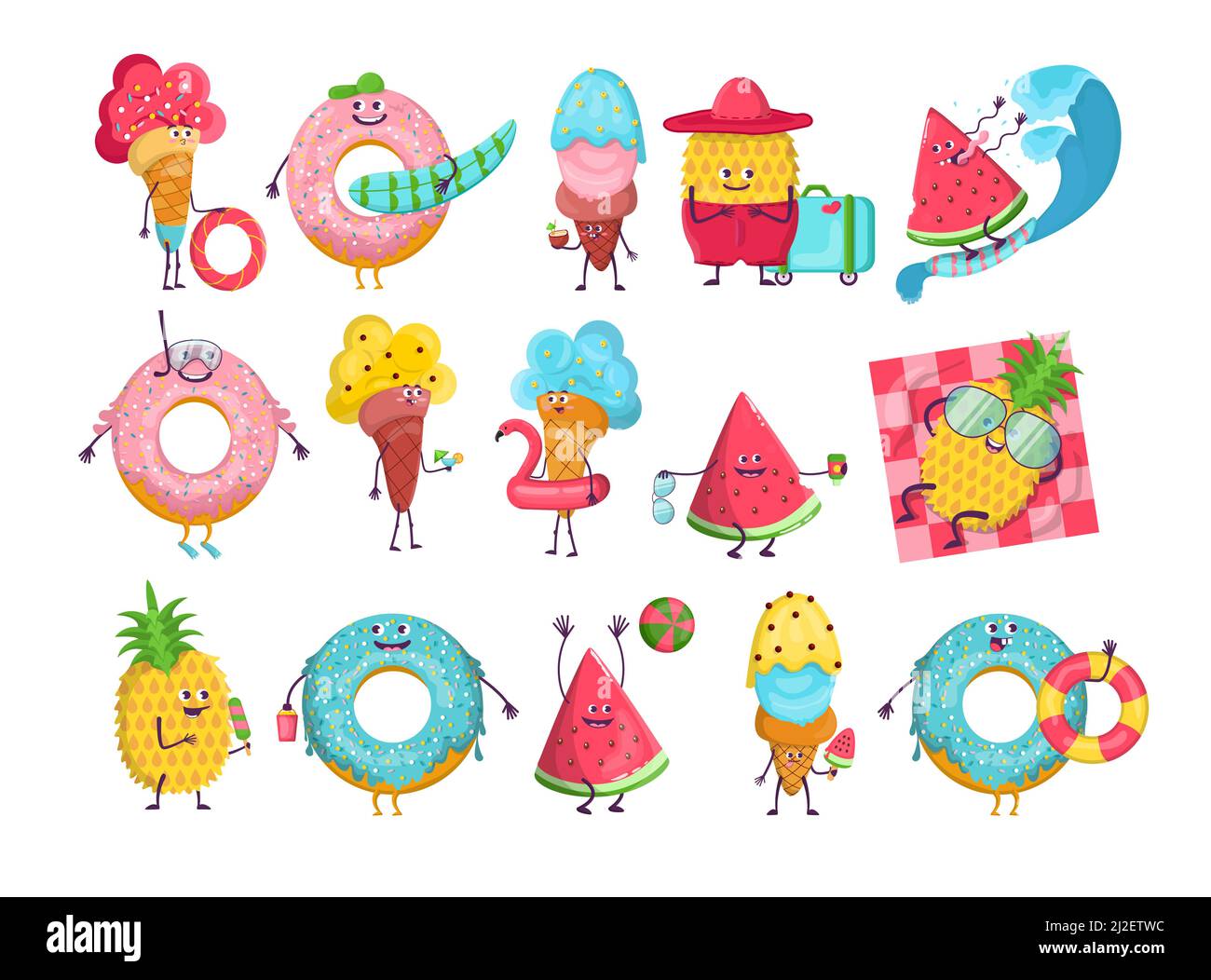 Sommer Zeichentrickfiguren eingestellt. Lustige Eiscreme, Gummiringe, Wassermelonenscheibe, Ananas. Vektor-Illustration für Schwimmbad-Party, Strand activiti Stock Vektor
