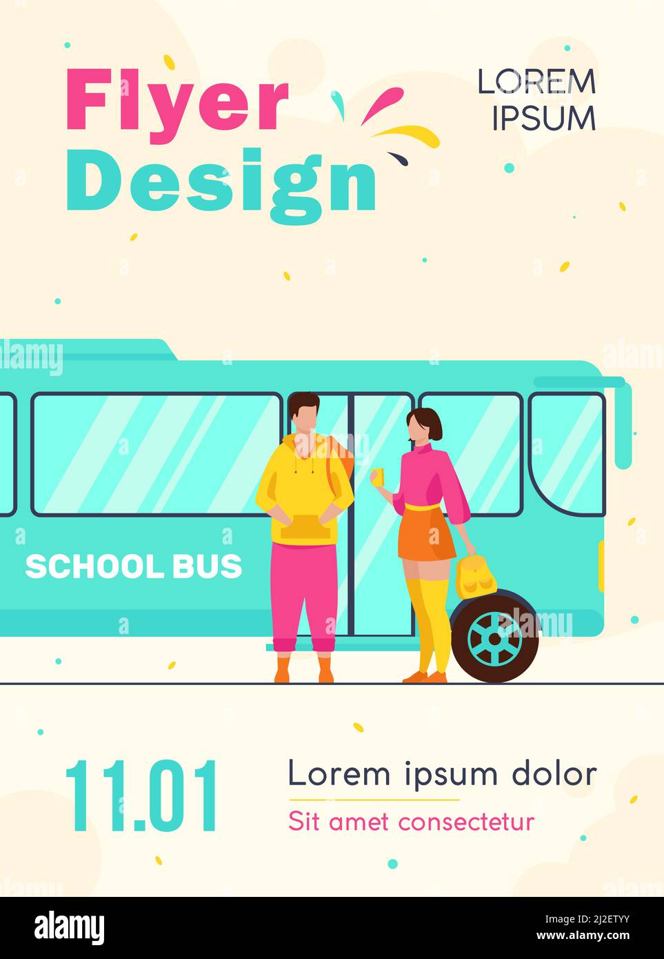 Teen pärchen stehen bei Schule Bus. Schüler, Junge und Mädchen sprechen flache Vektor-Illustration. Pendeln, Dating, Jugendkonzept für Banner, Websi Stock Vektor