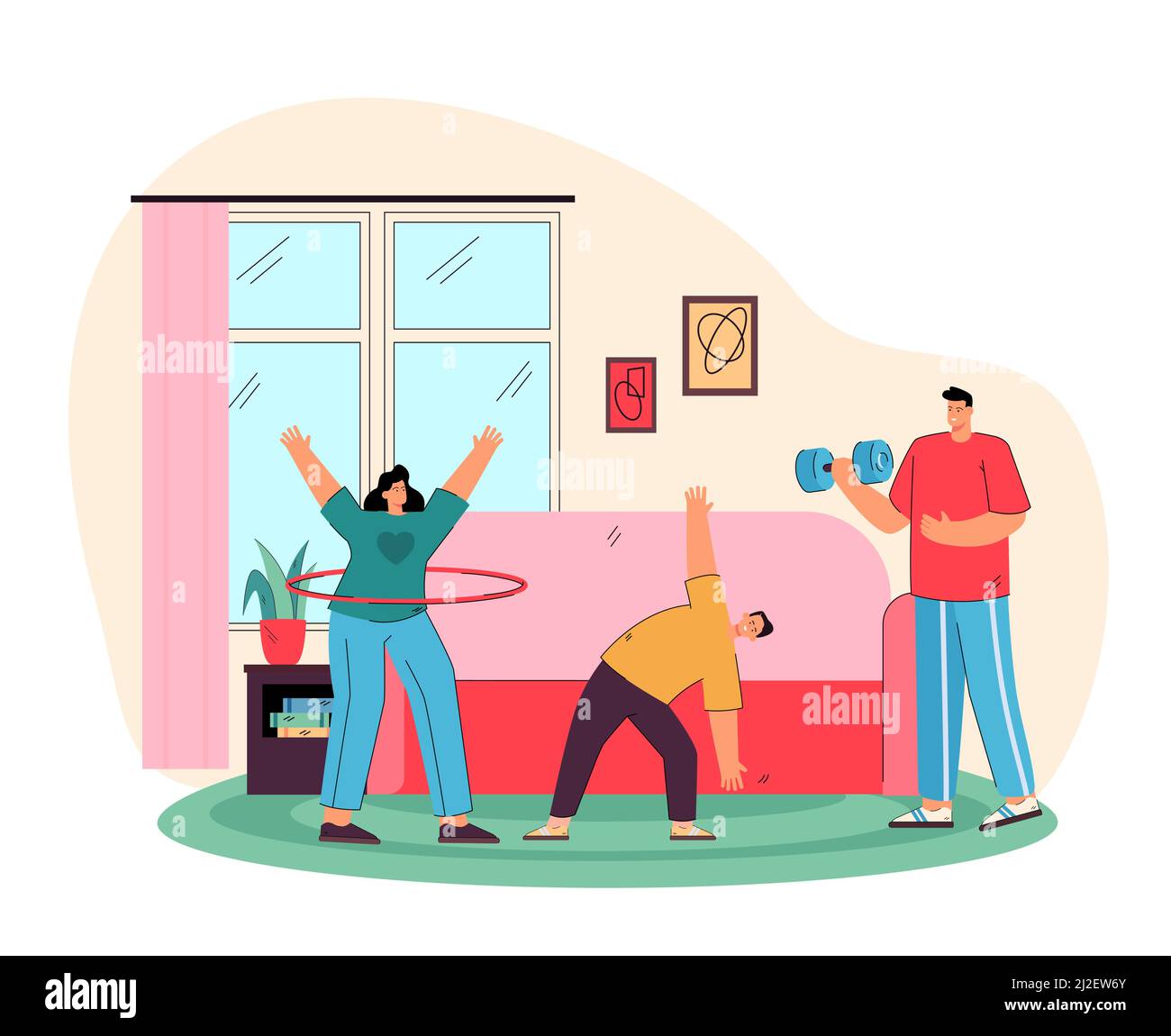 Glückliche Eltern mit Sohn macht Übungen zu Hause flache Vektor-Illustration. Cartoon Mama, Papa und Kind trainieren zusammen im Wohnzimmer. Sportliche Aktivitäten und Stock Vektor