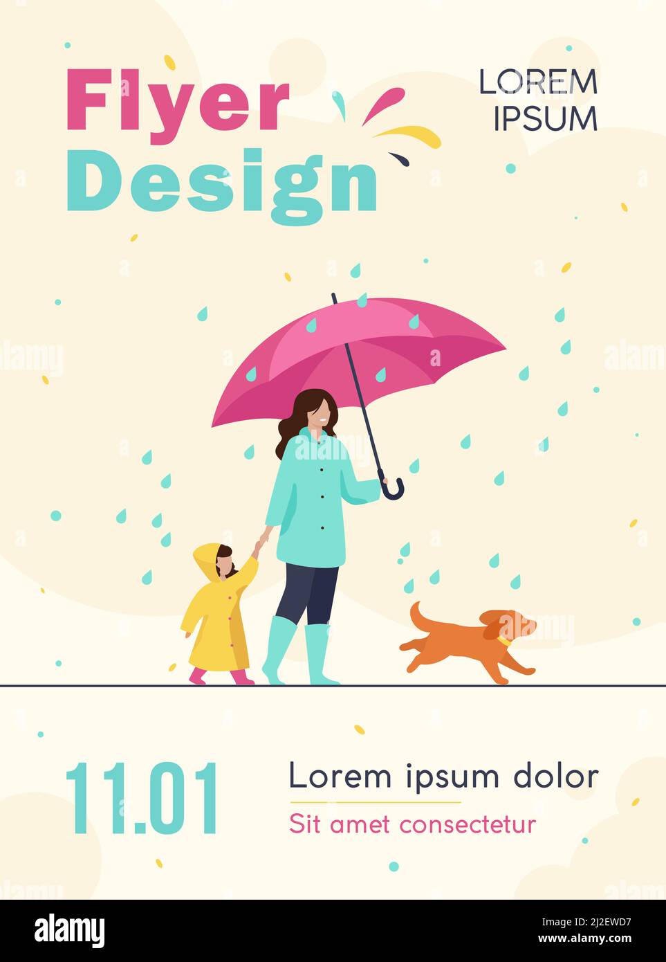 Frau mit Regenschirm, Mädchen im Regenmantel und Hund zu Fuß im Regen im Stadtpark. Vektor-Illustration für Familienaktivitäten, schlechtes Wetter, Regenguss-Konzept Stock Vektor