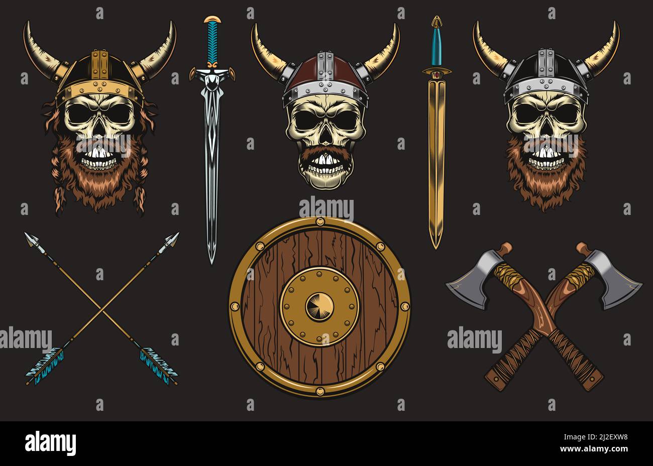Viking Totenköpfe Set. Mittelalterliche Krieger Köpfe in Hörnern Helme mit Schwertern und Äxten. Vektorillustrationen Kollektion für Rollenspiele, Dämon oder böses Konzept, Stock Vektor