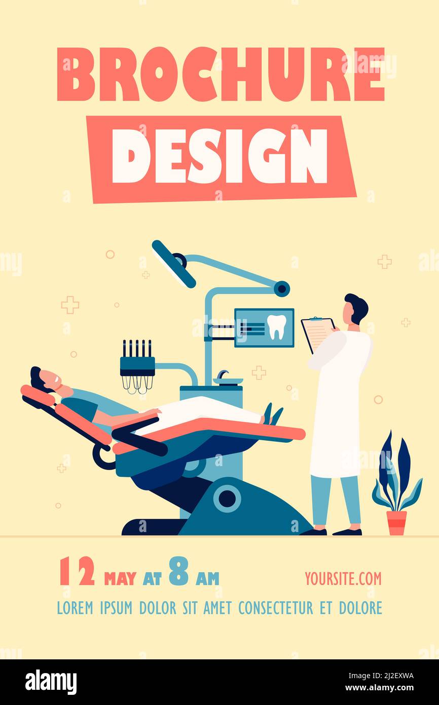 Patient, der während des Besuchs oder der Behandlung im medizinischen Stuhl sitzt, isolierte flache Vektorgrafik. Cartoon Zahnarzt arbeiten in diagnostischen Schrank. Stomatolo Stock Vektor