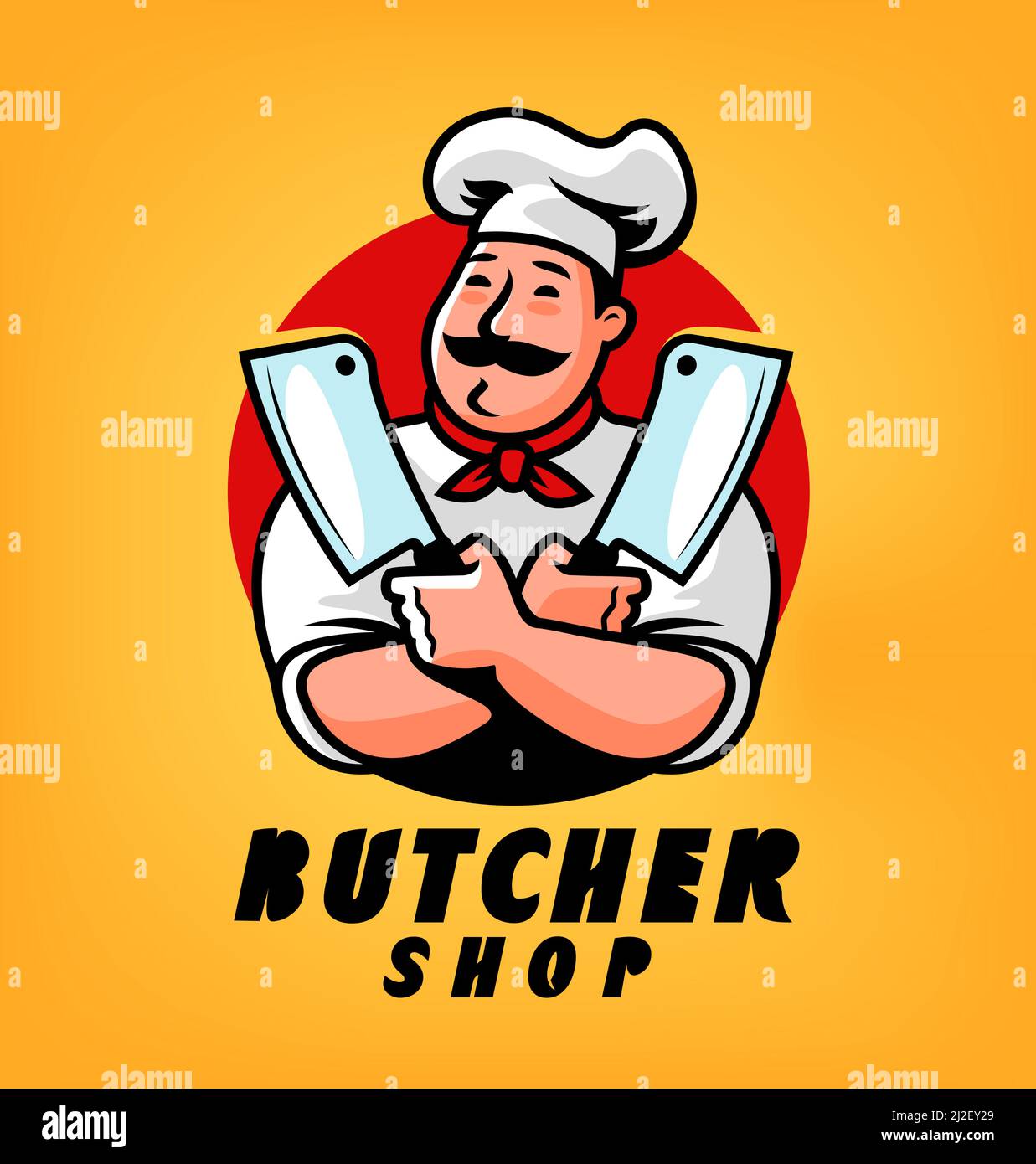 Logo der Metzgerei. Emblem Koch mit Fleischmesser für den Bauernmarkt. Cartoon Charakter Vektor Illustration Stock Vektor