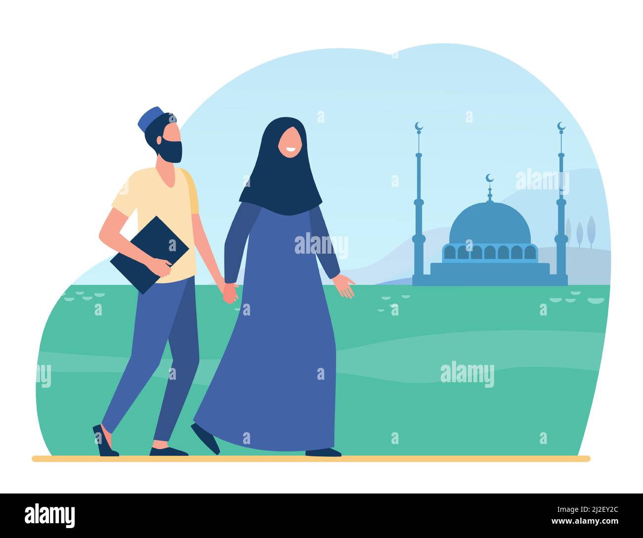 Muslimische Menschen gehen in die Moschee. Islam, Hijab, Anbetung flache Vektor-Illustration. Religion und Tradition Konzept für Banner, Website-Design oder Landung wir Stock Vektor