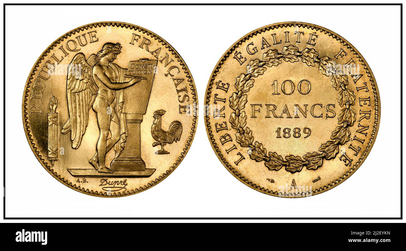 GOLD FRANZÖSISCHE MÜNZE Republik Frankreich (Pariser Münzstätte), 100 Franken, Gold (1889). Auf der Vorderseite befindet sich das von Augustin Dupré entworfene „geflügelte Genie“. Die Gesamtprägung für dieses Design im Jahr 1889 betrug nur 100 Proofs. 32,25 g Durchm. 35 mm. Kupferstecher Désiré-Albert Barre nach Augustin Dupré Date 1889 (Münze), für die Öffentlichkeit auf der Pariser Ausstellung desselben Jahres hergestellt Stockfoto