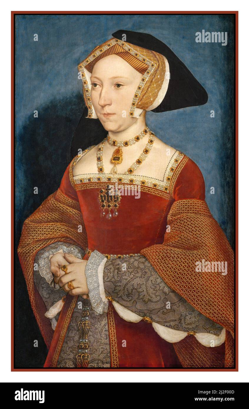 Jane Seymour Holbein Portrait Öl auf Holz (1508/9–1537) von Hans Holbein dem Jüngeren. Sie war Heinrich VIII. Von Englands dritter Frau. Henry heiratete sie 1536, kurz nach der Hinrichtung von Anne Boleyn, und sie starb im folgenden Jahr, zwölf Tage nach der Geburt von Heinrichs Sohn und Erbe, dem zukünftigen Edward VI. Nach seinen Wünschen wurde Henry mit Jane im Schloss Windsor begraben, dem Ort, an dem Holbeins Skizze für dieses Gemälde entstand. Mittel : auf Eichenholzplatte Datum: Um 1536 –1537 Stockfoto