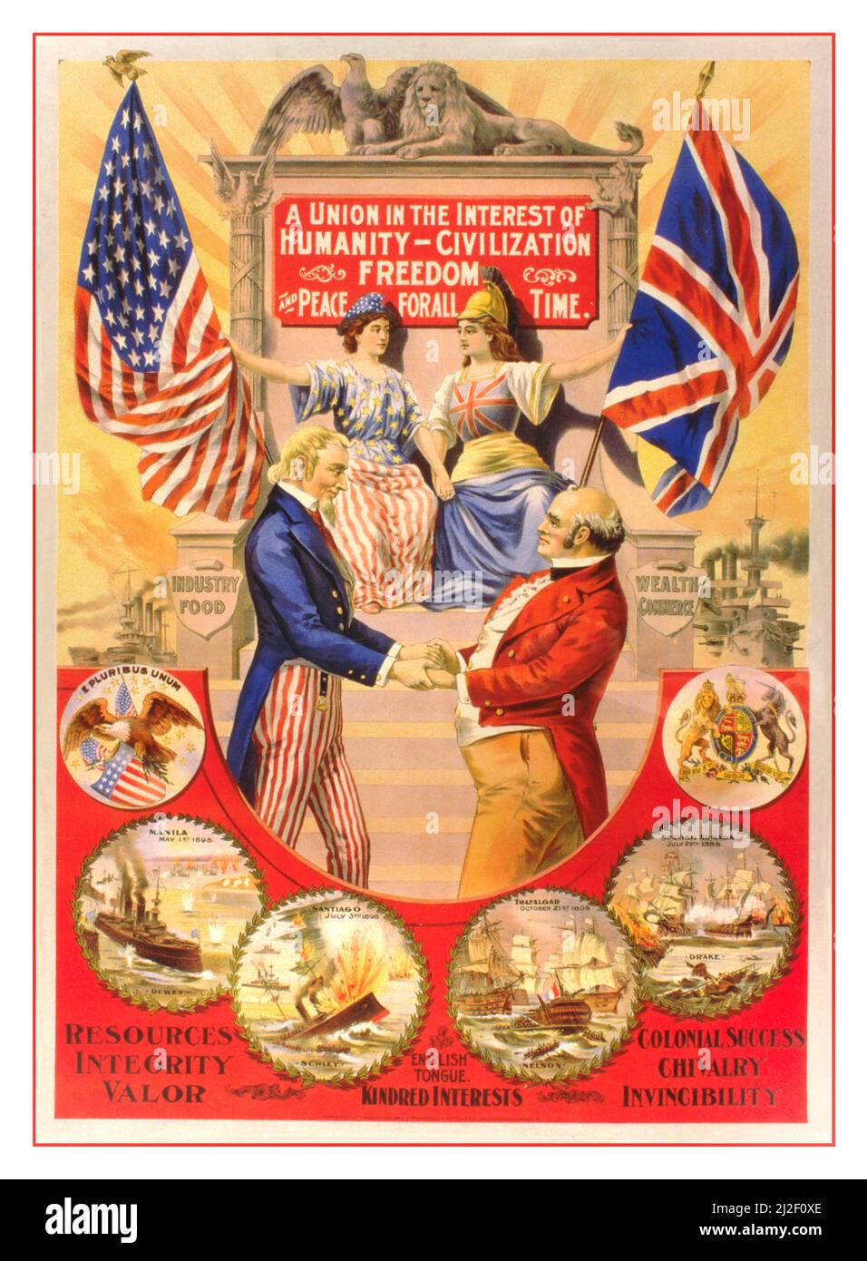 1898 Plakat 'die große Annäherung' 'Eine Union im Interesse der Menschheit Civilisierung Freiheit und Frieden für alle Zeiten. Die Vereinigten Staaten und Großbritannien Dieses Plakat wurde zur Förderung der Industrieausstellung der Vereinigten Staaten und Großbritanniens im späten 19.. Jahrhundert (1899-1900) verwendet. Zeigt Columbia und Britannia im Hintergrund mit Flaggen (unter dem Adler und dem Löwen) und Onkel Sam und John Bull im Vordergrund mit Händen. Stockfoto