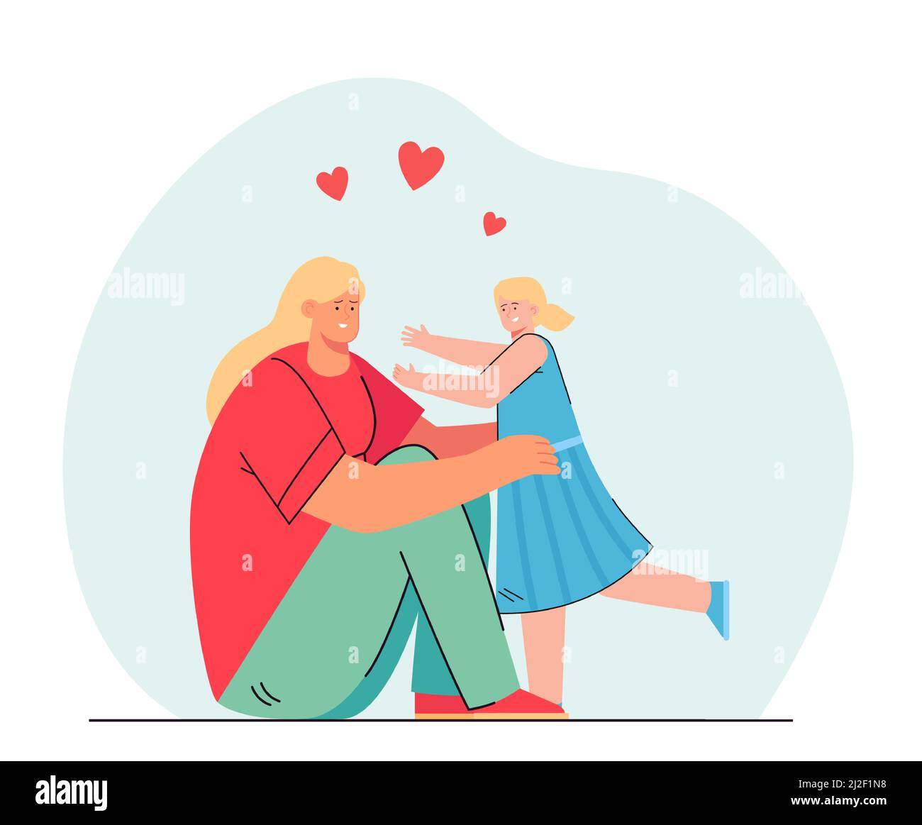 Cartoon Mutter und Tochter umarmt. Flache Vektorgrafik. Frau sitzt auf dem Boden und umarmt kleines Mädchen in blauem Kleid. Familie, Fürsorge, Liebe, Paren Stock Vektor