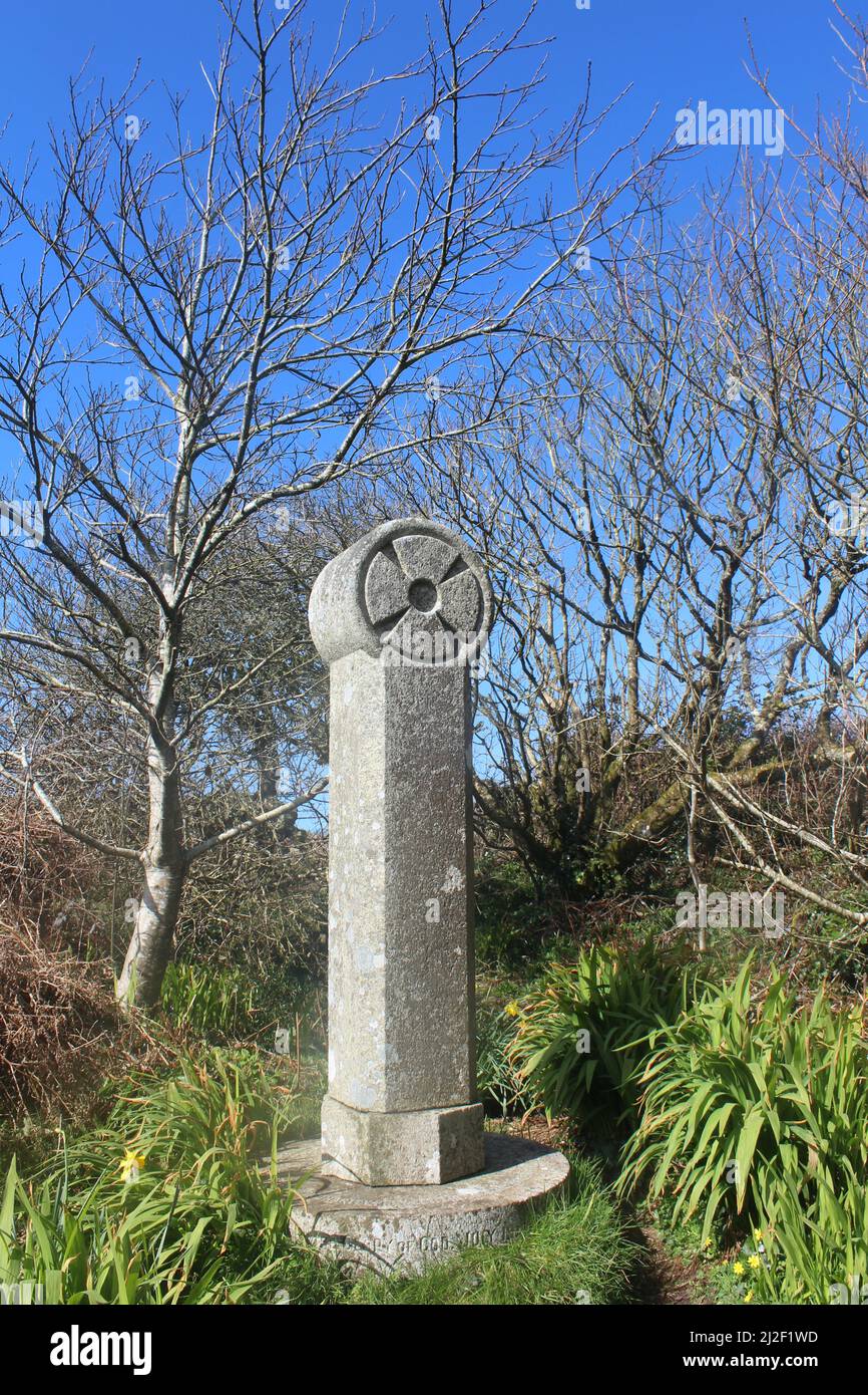 Keltisches Kreuz am Holy Well, Sancreed, West Cornwall, England, Großbritannien Stockfoto