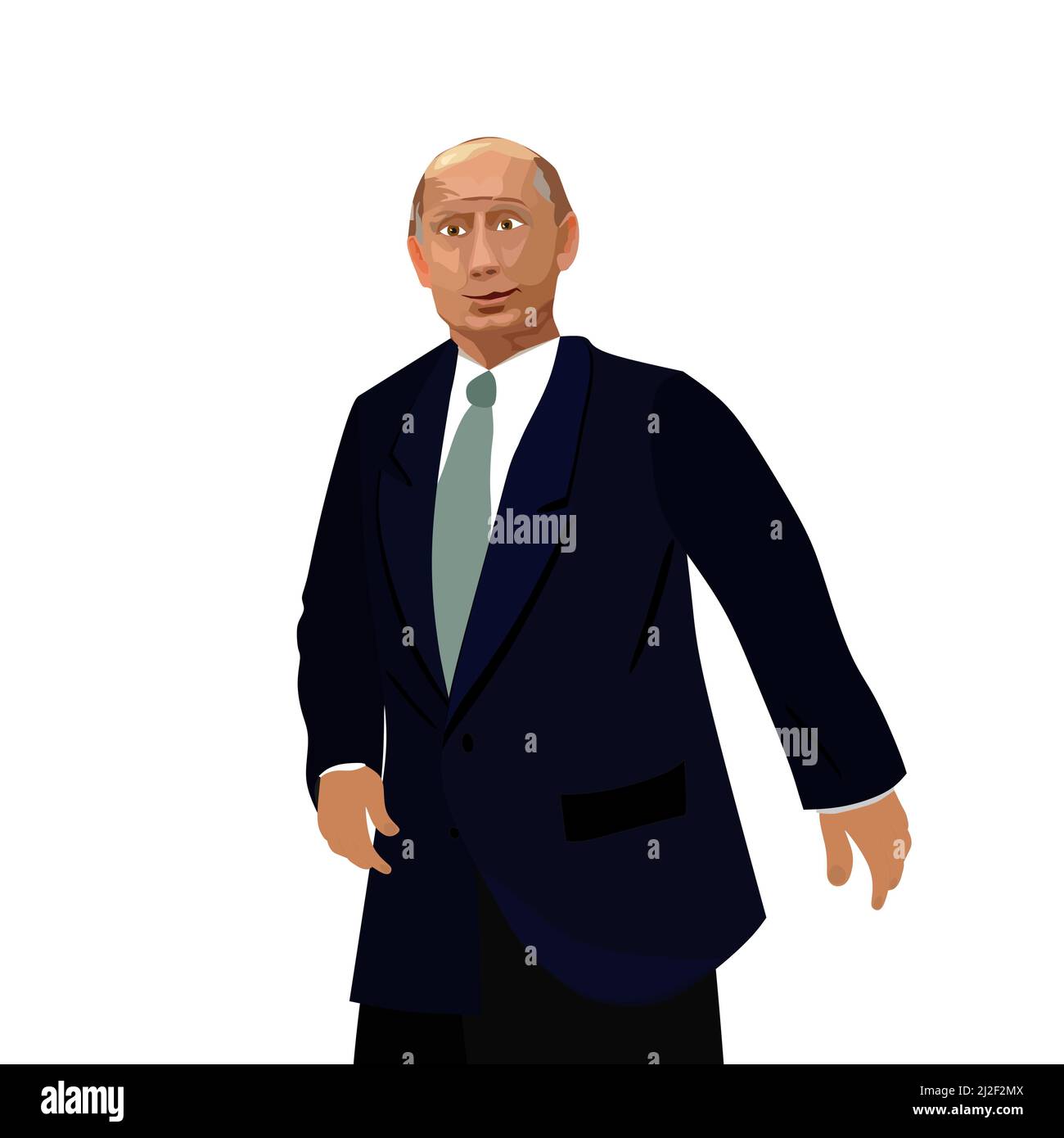 Wladimir Putin, der in einem dunkelblauen Anzug, einem weißen Hemd und einer türkisfarbenen Krawatte gekleidet ist, geht mit einem leichten Lächeln auf seinem Gesicht vorwärts. Fröhlich, zufrieden, purpos Stock Vektor