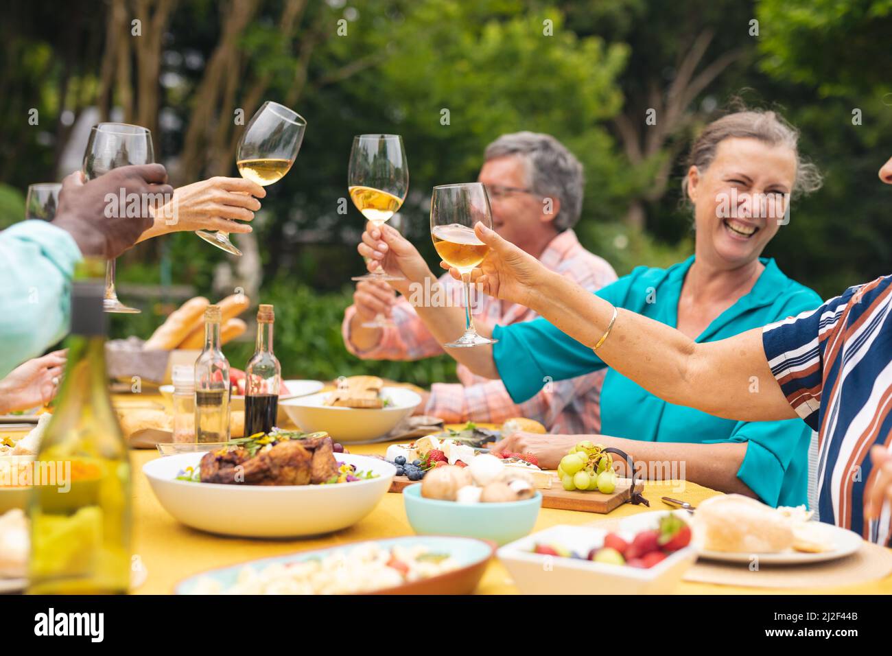 Multirassische ältere männliche und weibliche Freunde, die während der Hinterhofparty Wein am Tisch genießen Stockfoto