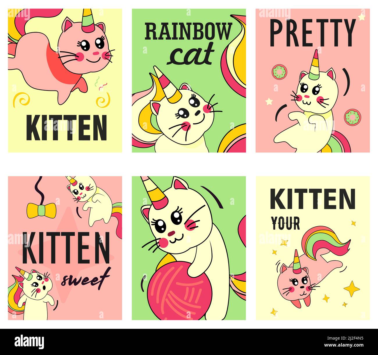 Einhorn Katze Flyer Set. Lustige Cartoon Sommer Baby Kätzchen mit Regenbogenhorn und Schwanz Vektor Illustrationen mit Text. Märchen, magisches Tier, imaginär Stock Vektor