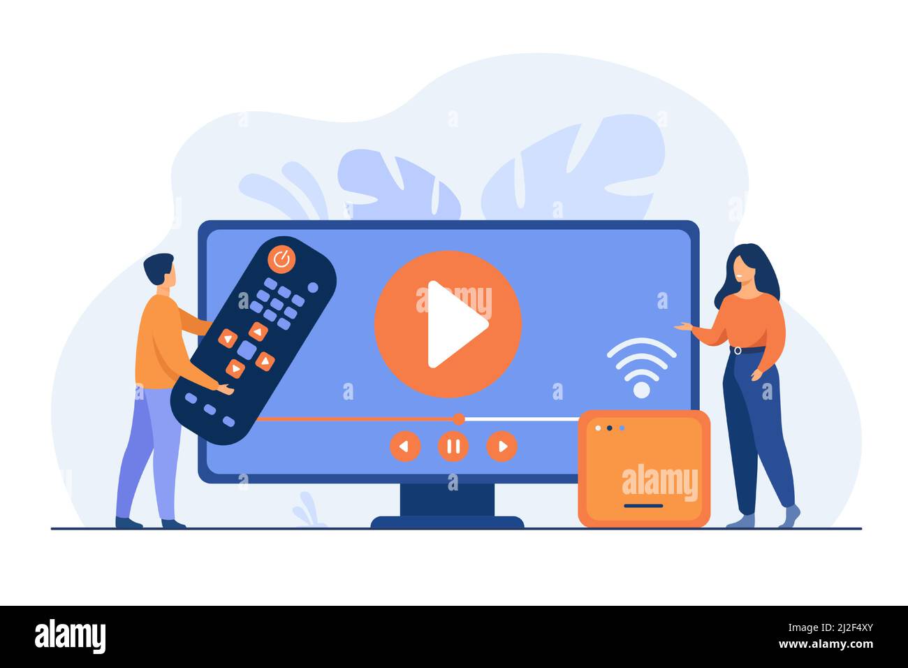 Vektorgrafik für die Wiedergabe von Filmen, Home Entertainment-Konzept. Winziges Paar, das sich Videos im Internet ansieht. Mann mit Fernbedienung, Frau im Stehen Stock Vektor