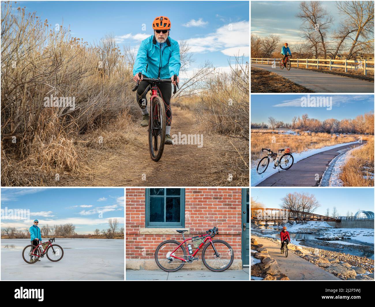 Fahren eines Schotterfahrrads in Fort Collins und im Norden von Colorado - Bilderset mit dem gleichen älteren männlichen Radfahrer Stockfoto