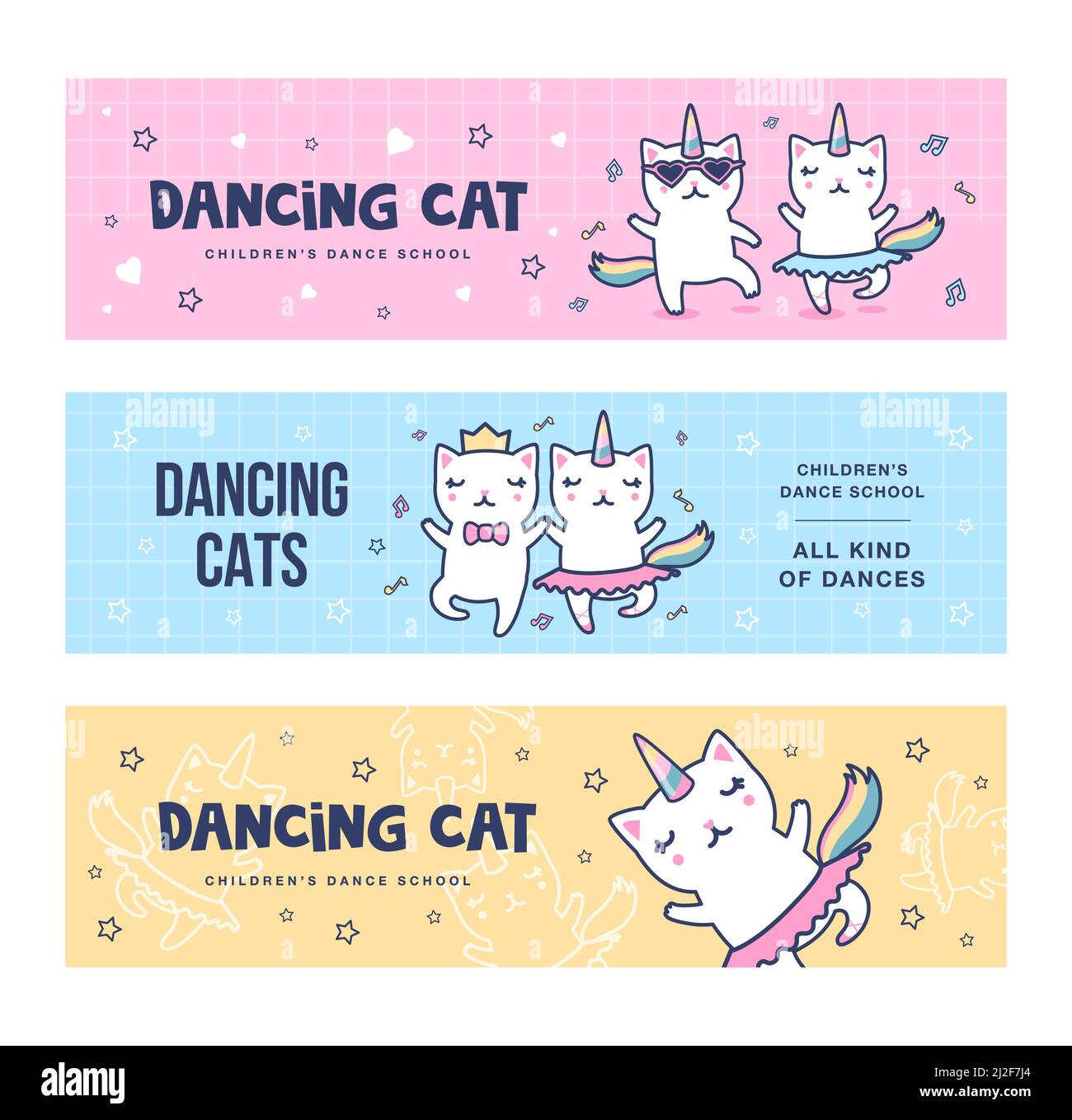 Tanzende Einhorn Katzen Banner Set. Niedliche Baby-Caticorns mit Regenbogenschwänzen mit lustigen Vektor-Illustrationen mit Text. Magic Kitty Konzept für Party-Flye Stock Vektor