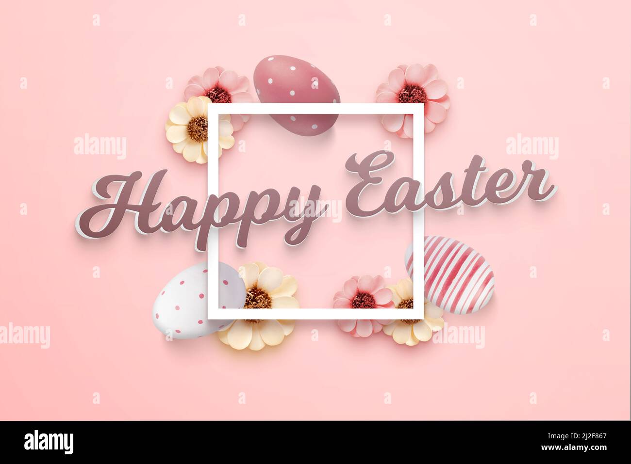 Frohe Ostern Grußkarte mit 3D Text und quadratischem Rahmen. Ostereier und Blumen im Hintergrund Stockfoto