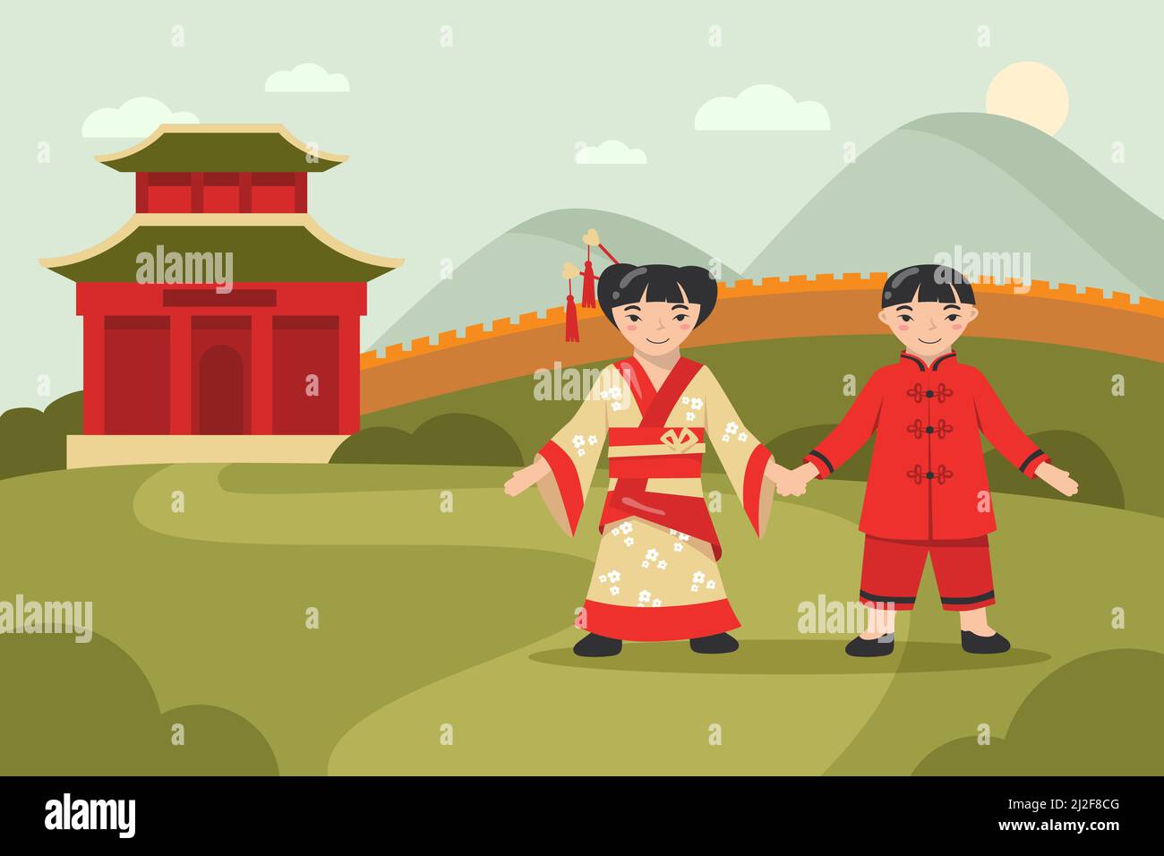 Glücklich asiatische junge und Mädchen in traditionellen Kleidern zu Fuß zusammen. Cartoon chinesische Charaktere in nationalen Kostümen halten Hände, die große Mauer von Chi Stock Vektor