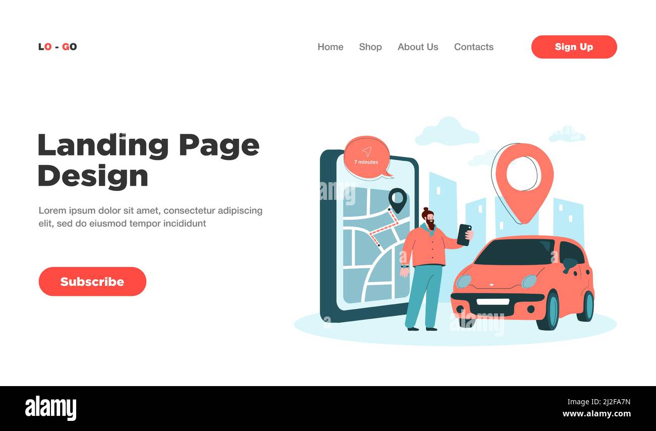 Glücklicher Mann, der ein Taxi bestellt. Gruppe von Menschen teilen oder mieten Auto flach Vektor-Illustration. Carsharing, Transport, Online-Carsharing-Service conce Stock Vektor