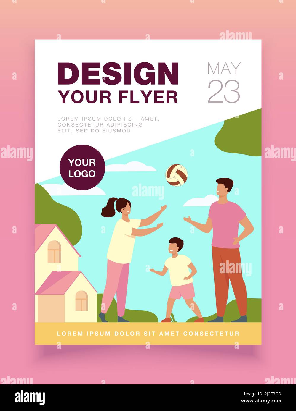 Glückliche Eltern spielen Ball mit Kind flache Vektor-Illustration. Cartoon Vater, Mutter und Sohn Spaß zusammen in der Nähe des Hauses. Familien-Aktivurlaub, s Stock Vektor