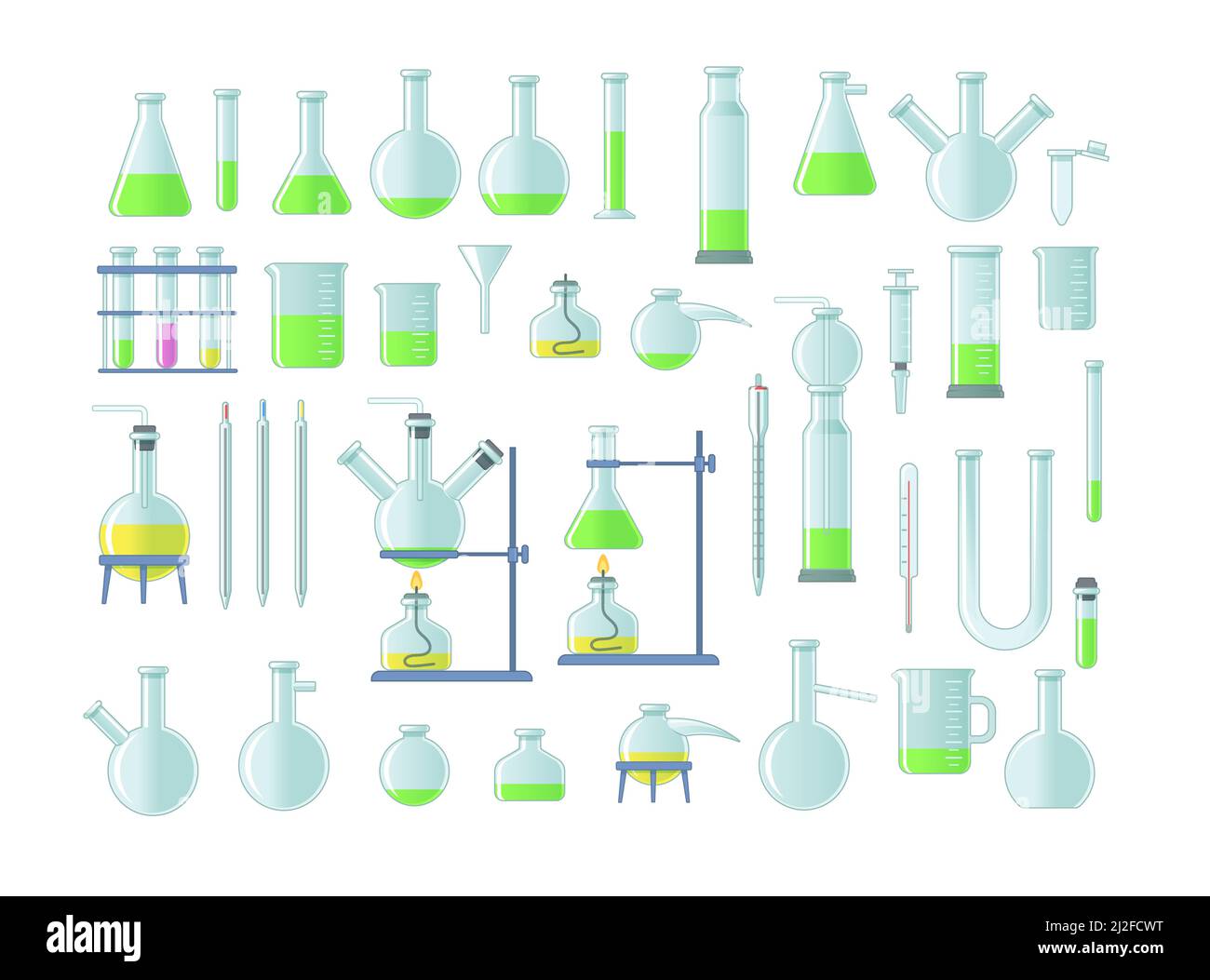 Set mit chemischen Laborröhrchen. Glasbecher, Röhrchen und Flaschen, Werkzeuge für Laborexperimente, Kolben in Halter, Brenner. Vektorgrafik für Chemie, Stock Vektor