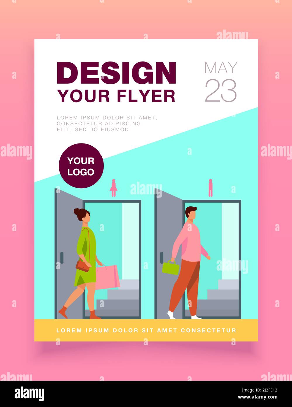 Mann und Frau gehen durch Türen für Männer und Frauen. Öffentliche Toilette, Toilette flach Vektor Illustration. Waschraum, Abtrennungskonzept für Bann Stock Vektor