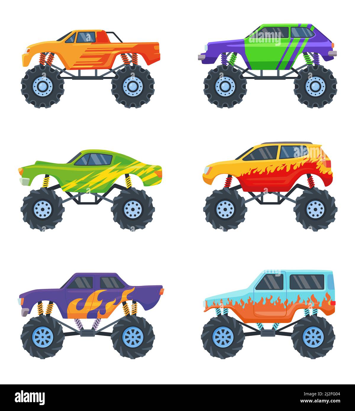 Monster Cars Set. Bunte Cartoon-Lastwagen auf großen Rädern, Spielzeug für Kinder isoliert auf weiß. Vektorgrafiken für Rennen, Wettbewerb, Automobil Stock Vektor