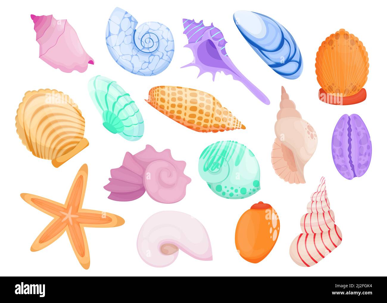 Mehrfarbige handgezeichnete Muschelschale flaches Element Set für Webdesign. Cartoon bunte Meer und Meer Muscheln isoliert Vektor Illustration Sammlung. Dekorativ Stock Vektor