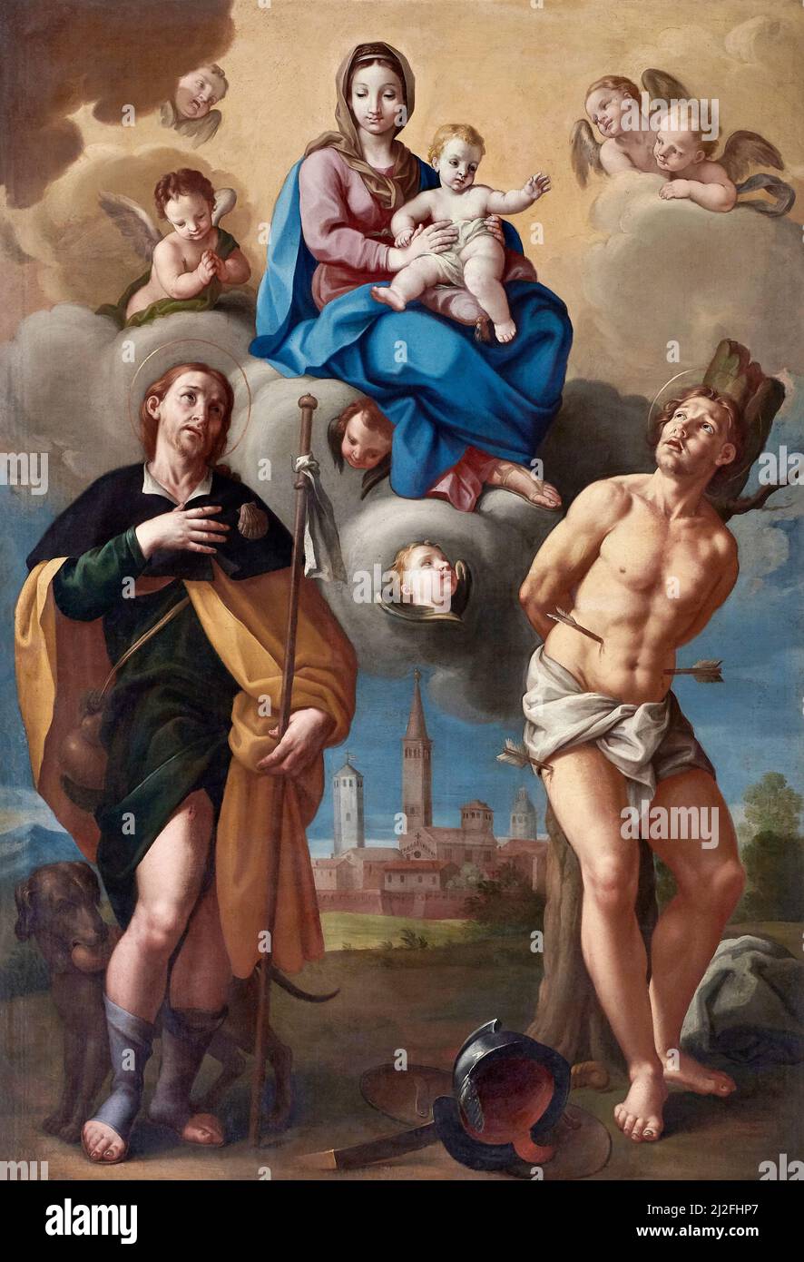 Madonna mit Kind mit St. Rocco und St. Sebastian - Öl auf Leinwand - emilianischer Maler des Endes des 17.. Jahrhunderts - Piacenza, Italien, Kirche St. Roc Stockfoto